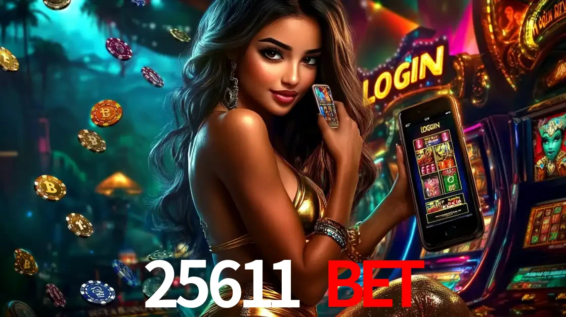 Mulher em um cenário de cassino temático de aventura, mostrando o app de caça-níqueis da 25611 BET no celular. Fichas de apostas flutuam ao redor.