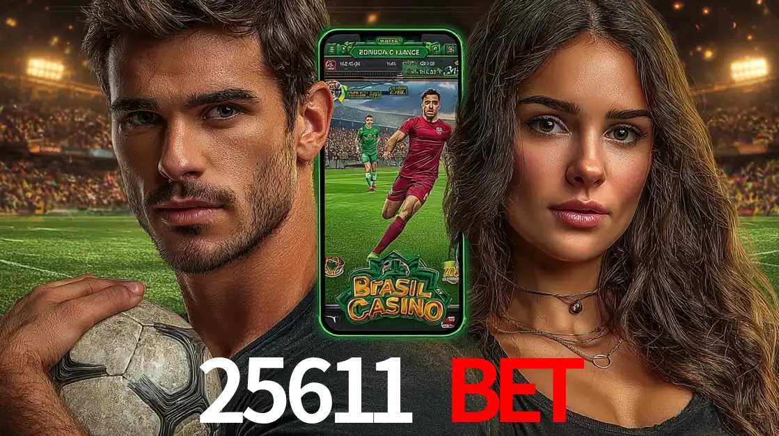 Homem segurando uma bola de futebol e uma mulher ao lado de um smartphone exibindo o jogo de apostas esportivas da 25611 BET. Faça seu palpite no cassino online.